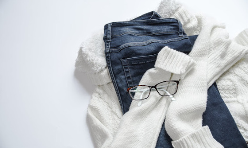 glasses,sweater, jeans