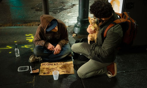 passerby speaking with homeless petting cat