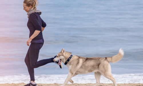 woman running on the beach with dog