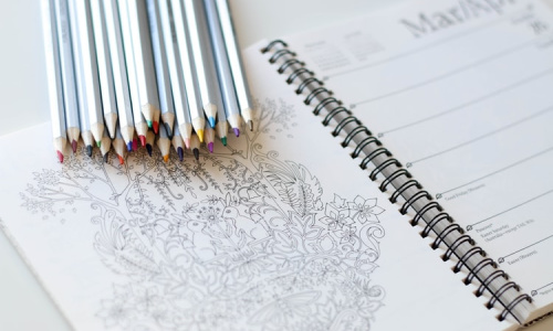 adult coloring book and pencils