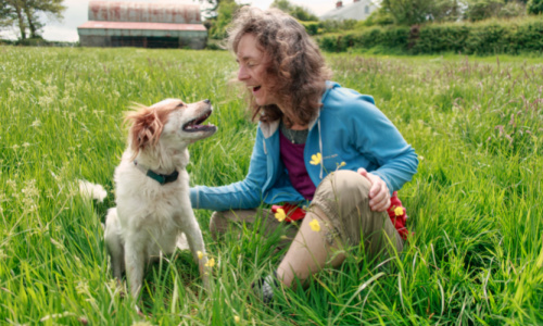 woman playing with dog on grassy field
