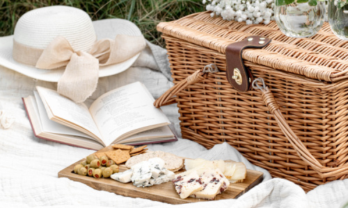 blanket picnic basket food hat and book