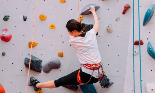 woman doing indoor rock climbing